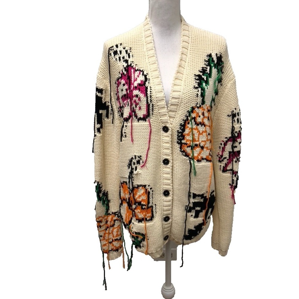 MSGM Off White Jacquard Cardigan Womens XS Oversize Trendy‎ Artsy Designer